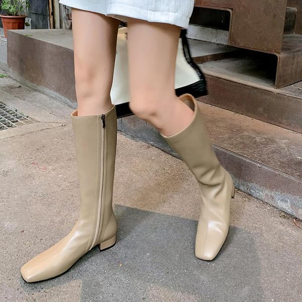 

boots qzyerai roman winter square-toed riding equestrian knee-high genuine leather cowhide stretch woman shoes sexy, Black