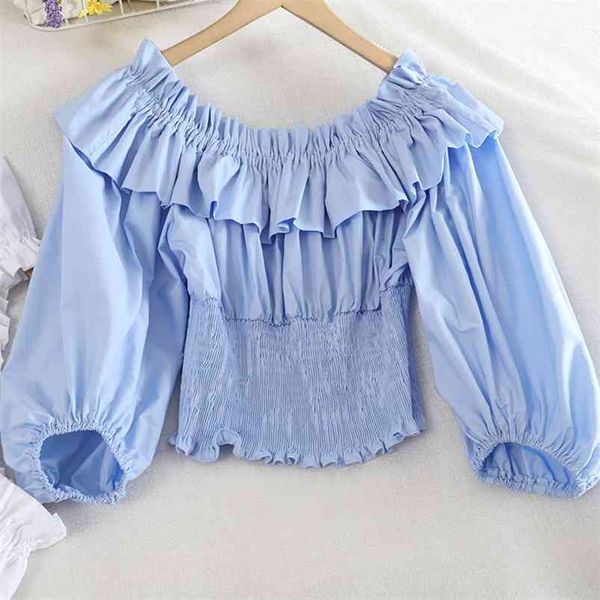 

spring autumn women's blouse korean retro pleated ruffled collar off-shoulder shirt lantern sleeve waist elastic gx544 210507, White