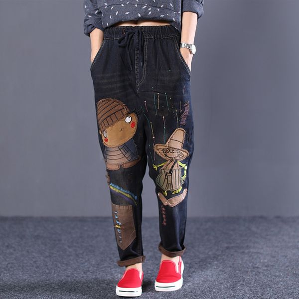 

women's jeans heavy embroidery national wind sen female line printing cartoon hole elastic waist harem pants casual radish qltl, Blue