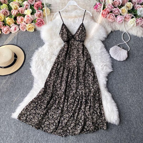 

casual dresses vintage floral print dress v-neck halter sleeveless for women holiday beach party long ladies robes, Black;gray