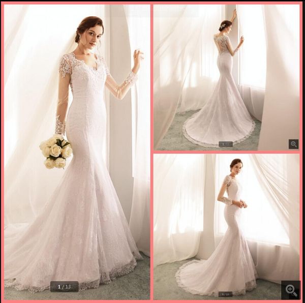 

vintage lace mermaid modest wedding dress with appliques long sleeves muslim women v neck simple bridal gowns court train formal bride dress, White