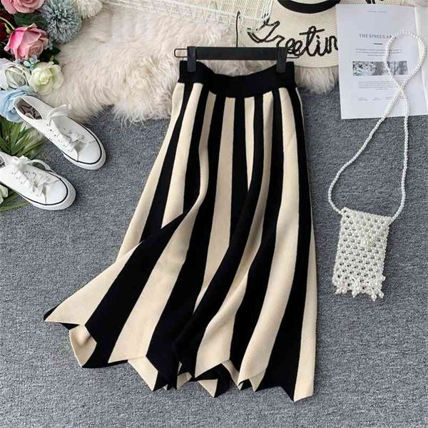 

women's knit skirt striped color blocked autumn high waist elastic a-line big swing skirts japan harajuku female falda ls147 210708, Black