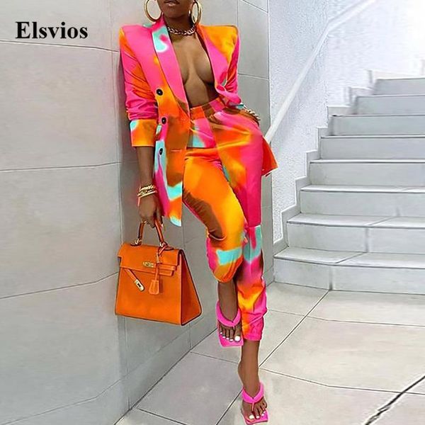 

women's two piece pants ol style fashion blazer set women turn-down collar button coat and high waist suits 2021 spring autumn print ou, White