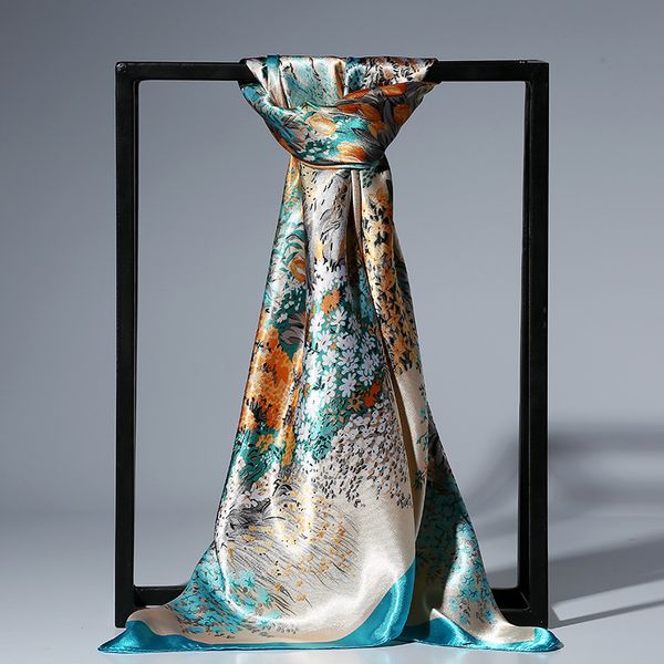 

90cm fashion silk satin scarf for women headband floral print kerchief hijab scarves fermale square shawls and wraps neck scarfs, Blue;gray