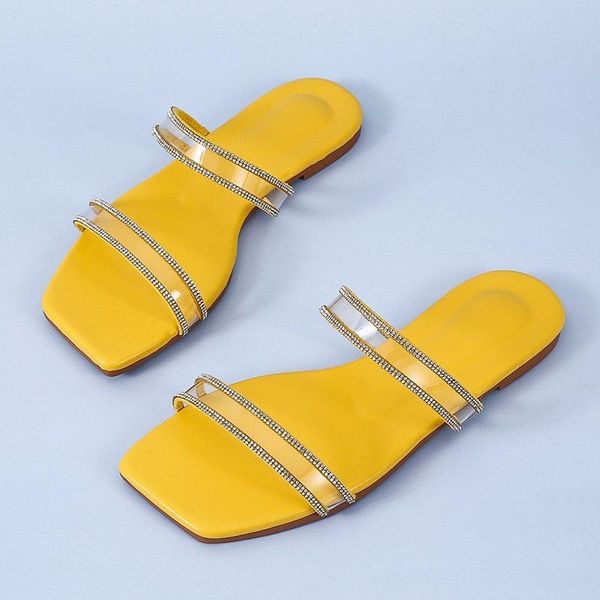 

women's 2021 summer fashion style beach casual slippers transparent flat open toe square head outdoor luxury rhinestone, Black