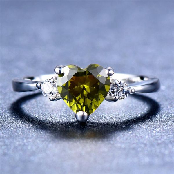 

wedding rings female girls olive green heart ring fashion augest birthstone finger promise silver color love engagement for women, Slivery;golden
