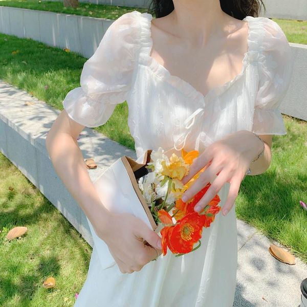

casual dresses chiffon fairy dress women elegant french style designer lace puff sleeve embroidered korean sweet 2021, Black;gray
