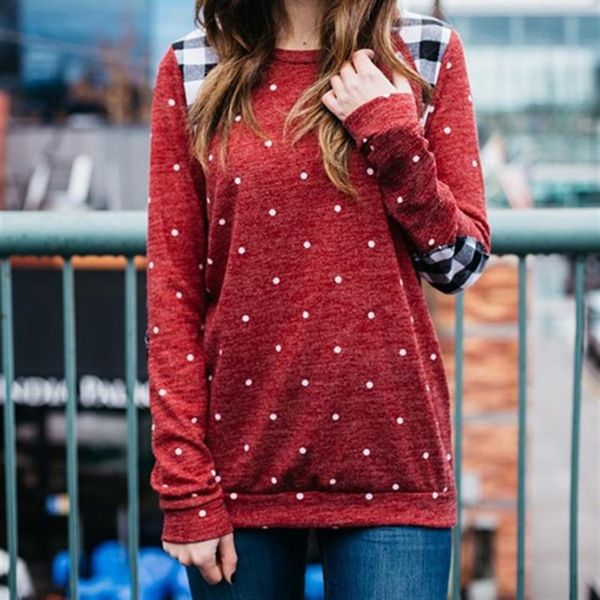 

camisetas mujer autumn t-shirts womens casual long sleeve o neck block patch patchwork polka dot o-neck tee shirt #926, White