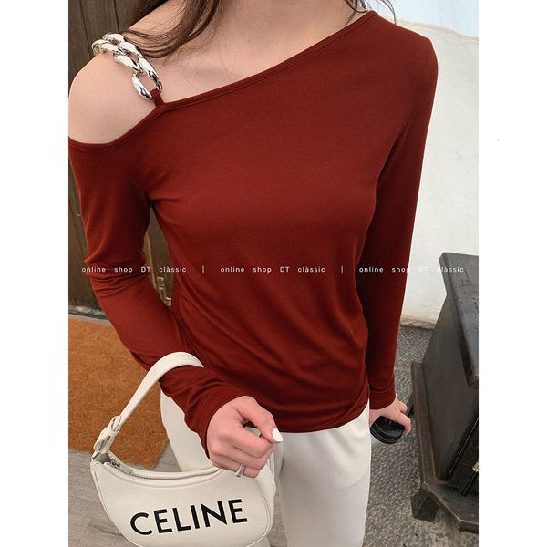 

tees t-shirt trend dream dt edition diagonal shoulder chain dign 2021 autumn long sleeve t-shirt women's, White