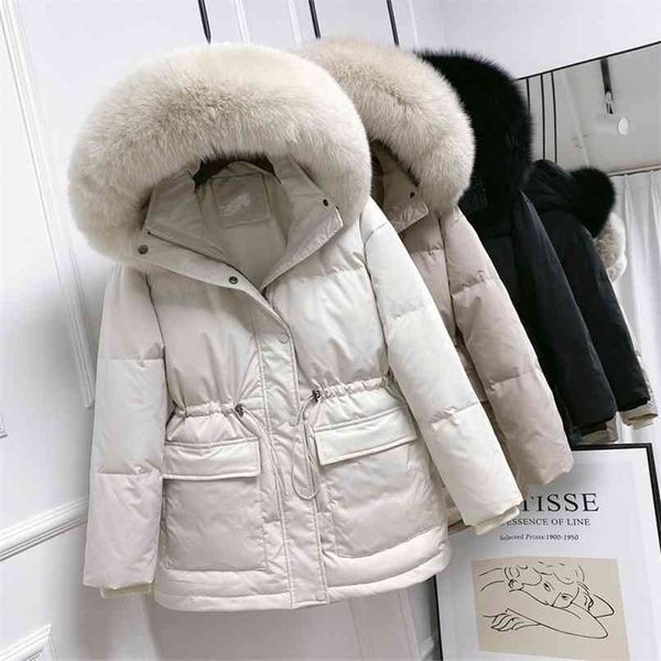 

huge real fur collar hooded short female winter feather down coat women 90% duck jacket puffer parka 210925, Black