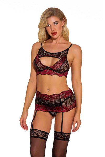 Sexo quente Lengerie Lingerie para mulher oca out laço lingerie conjunto multi cor lua de mel lingerie 3 peça 211208