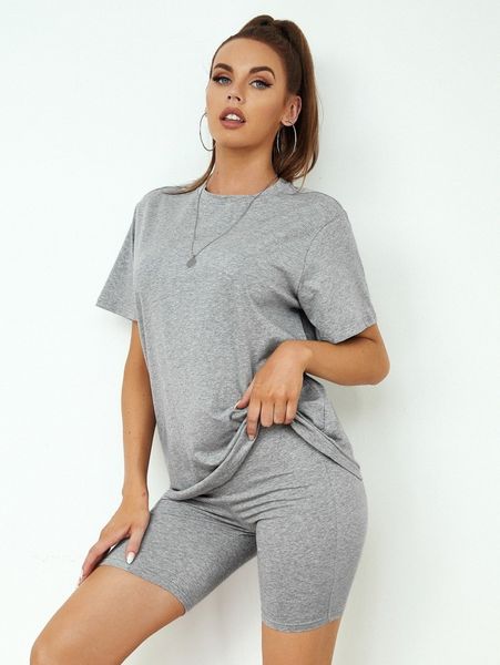 

solid round neck & biker shorts set g4sj#, White