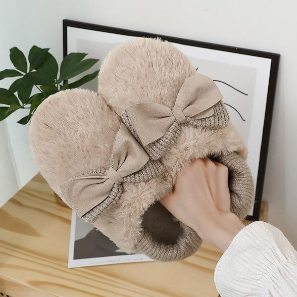 

slippers bow-knot decoration faux fur flats shoes women plush luxury designer loafers for ladies winter dual purpose slipper fashion 2021, Black