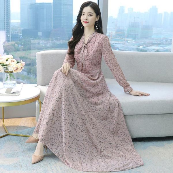 

women's fur & faux chiffon dress 2021 spring and autumn printed bottomed skirt long sleeve floral large swing, Black