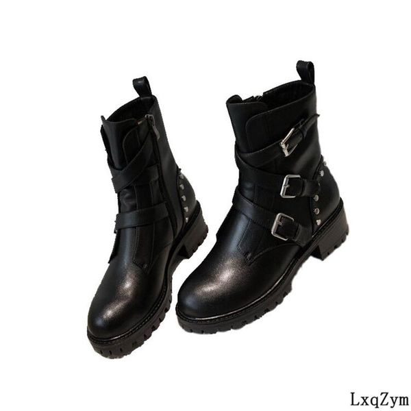 

boots trendy rivet belt buckle motorcycle nature leather female side zipper short military shoes women korean style 35-39, Black