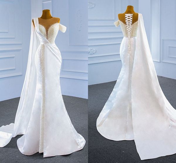 2021 pérolas luxuoso vestido de casamento sereia com envoltórios cetim pura barco decote capa manga lace-up trombeta vestidos nupciais mulheres