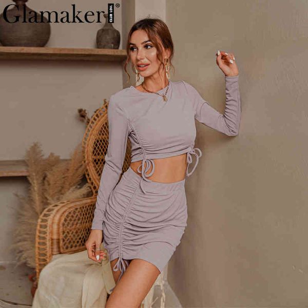 

glamaker drawstring purple two piece set dress women long sleeve crop and skirt suit sets female fashion club outfits 210412, White
