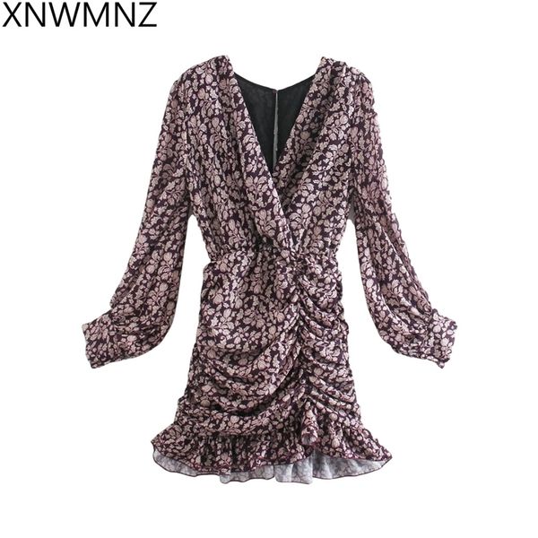

women's elegant printed draped dress retro long sleeve v-neck ruffles mini slim party chic vintage dresses 210520, Black;gray