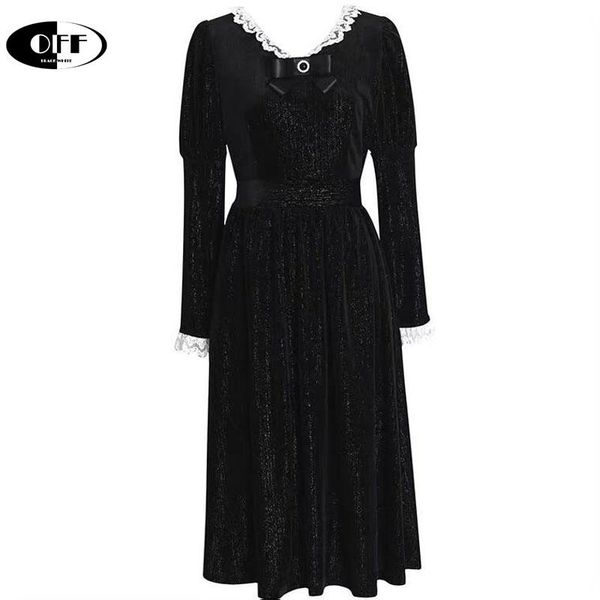 

autumn vintage woman dress lady black lace up long sleeve bow elegant retro waist dresses party clothes female casual, Black;gray