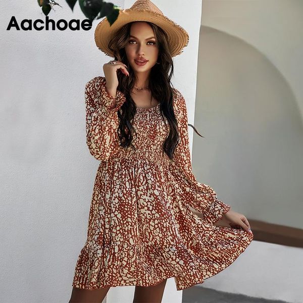 

aachoae arrivals print mini dress flare long sleeve pleated casual elastic bust elegant party vestido de mulher dresses, Black;gray