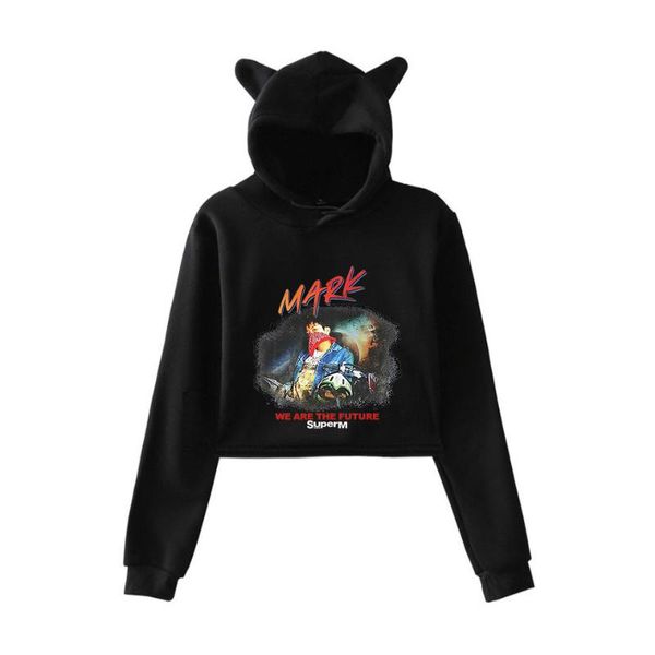 

women's hoodies & sweatshirts kpop korea superm 1st mini cropped hoodie sweatshirt cat ears crop, Black