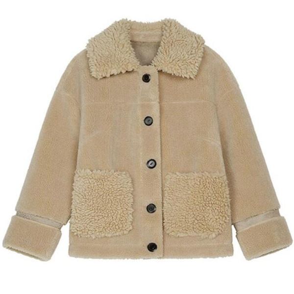 

women's wool & blends lamb coat open sitich surcoat 2021 autumn/winter korean thick loose shorn sheepskin woolen overcoat, Black