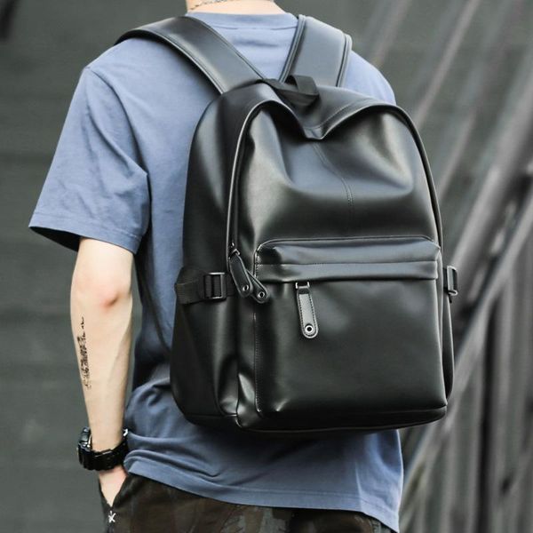 

backpack 2021 fashion korean pure color computer bag men travel pu leather student