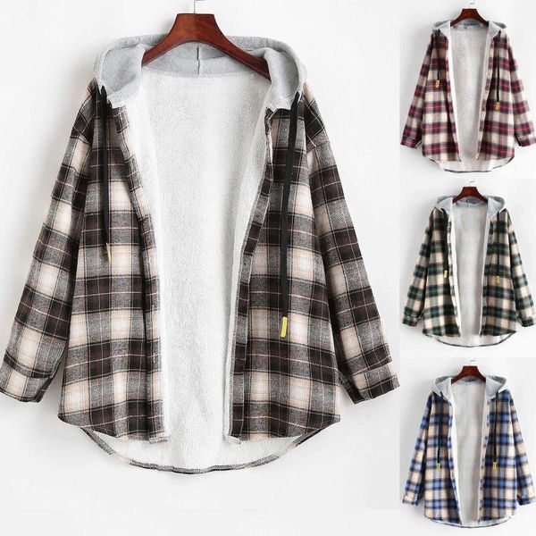 

women's hoodies & sweatshirts casual winter clothes hoodie sweatshirt long sleeve plaid buttoned curved hem hooded warm coat jacket, Black