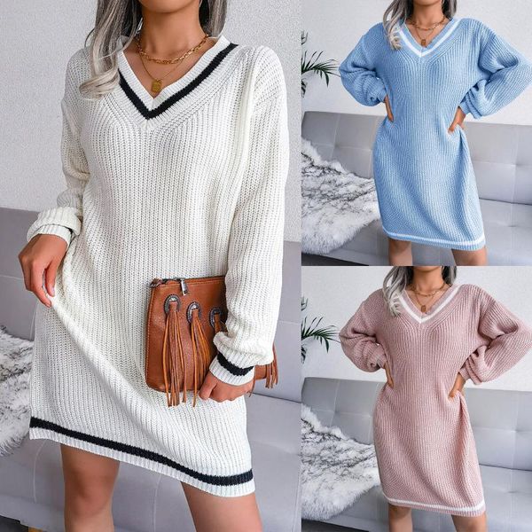 

casual dresses women fashion v-neck dress winter solid color stitching loose long-sleeved knitted christmas gifts for girlfriend, Black;gray
