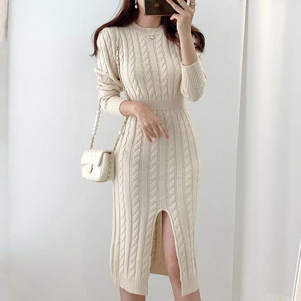 

casual dresses [ewq]2021 winter jumper female loose round neck solid color long sleeve over knee minimalist knitting sweater dress 8q544, Black;gray
