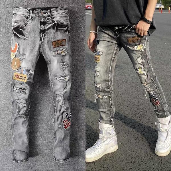 

men's jeans hip hop men high street fashion brand grey patch embroidery stretch slim fit mens summer, Blue