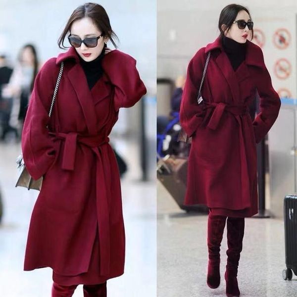 

women's wool & blends star yang mi's same 2021 autumn winter lace up double-sided cashmere coat ol over knee, Black