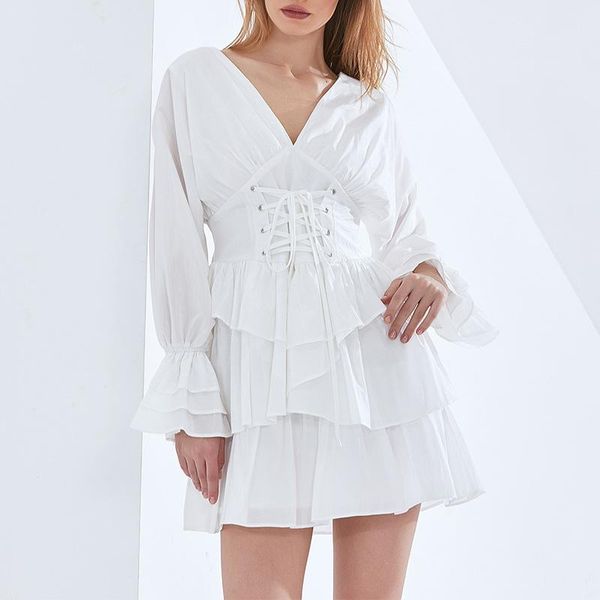 

casual dresses spring summer european and american pretty women dress v neck short cake back bowknot lace up court tunic, Black;gray