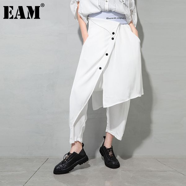

[eam] high elastic waist white irregular button long harem trousers loose pants women fashion spring autumn 1dd8347 21512, Black;white