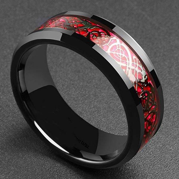 

wedding rings man ring red green carbon fiber black dragon inlay comfort stainless steel for men band, Slivery;golden
