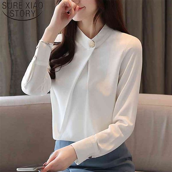 

spring white blouse long sleeve stand collar elegant chiffon women solid loose slim lady shirt korean style 9041 210421