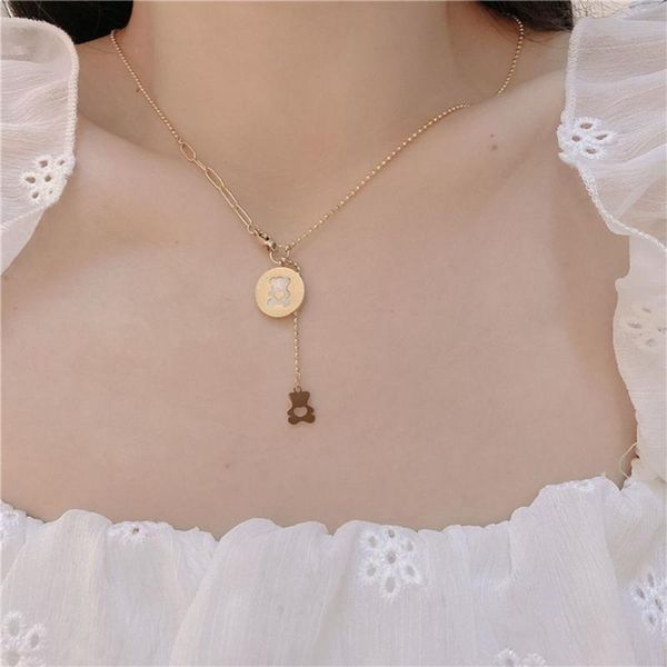

chains korean titanium steel necklace white fritillary bear heart clavicle chain creative asymmetry pearl butterfly pendant, Silver