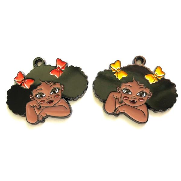 

charms 5pcs afro cute bow black girl enamel for bracelet making pendant woman jewelry bangle necklace keychain wholesale, Bronze;silver