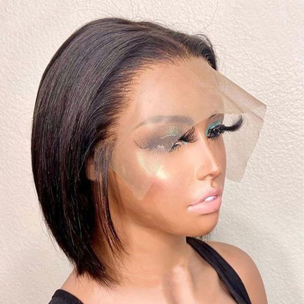 

lace wigs 13x6x1 transparent bob wig double drawn straight front human hair with baby wide middle part virgin, Black;brown
