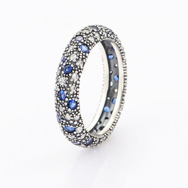 925 Sterling Silver Midnight Azul Estrelas Cósmicas CZ Pedras Anel Fit Pandora Estilo Jóias Noivado Casamento Amantes de Casamento Anel de moda para as mulheres