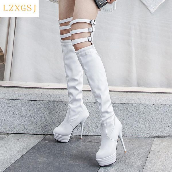

women's high boots platform round toe shoes for woman over the knee fashion lady winter women heel boot 13.5cm, Black
