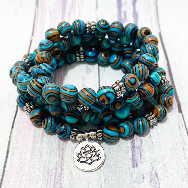 

link, chain sn1432 blue stripe malachite 108 mala bracelet women`s lotus charm yoga handmade meditation buddhist jewelry, Black