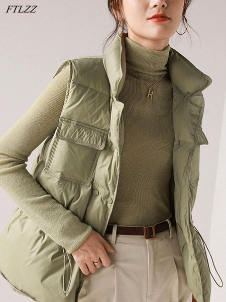 

women's vests ftlzz autumn winter causal loose down vest women 90% white duck jacket warm waterproof short coat waist retractable, Black;white