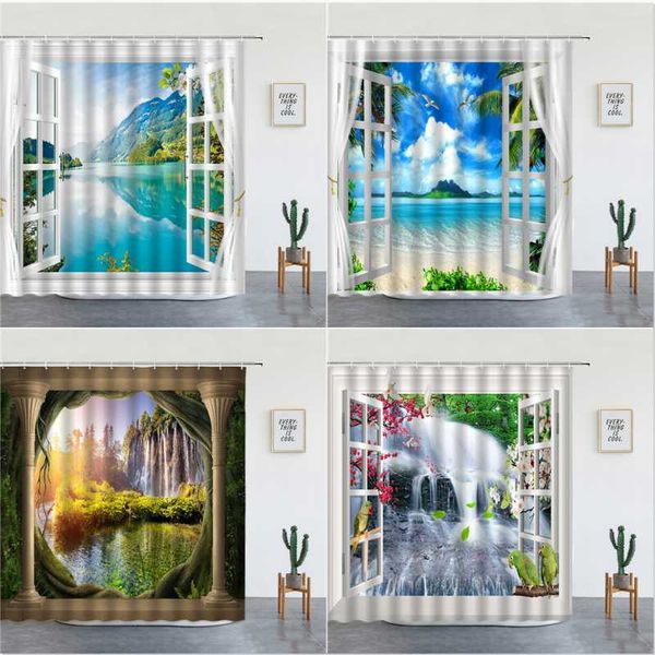 

shower curtains natural scenery summer waterfall landscape flower bird waterproof fabric bathtub screen bathroom decor with hook