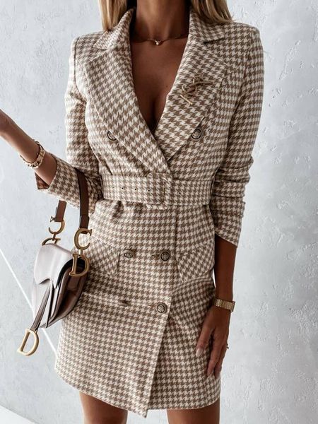 

casual dresses vintage double breasted belt plaid dress women elegant office ladies blazer long sleeve female autumn mini, Black;gray