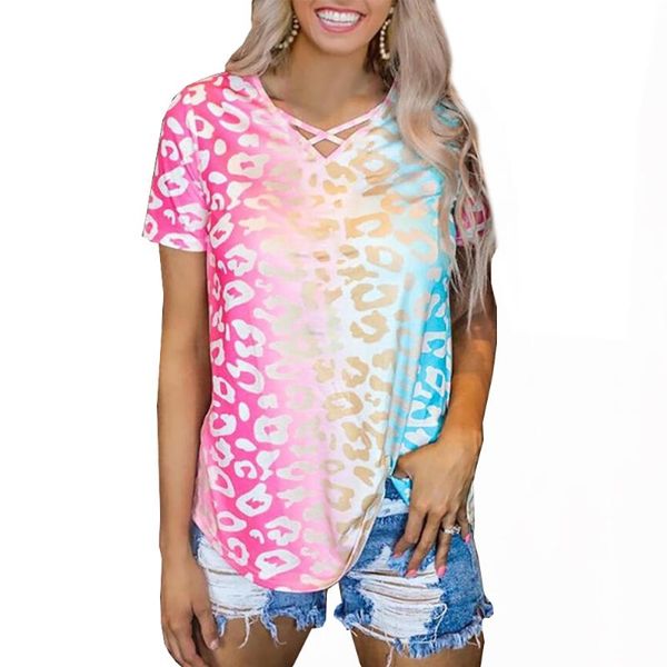 

women's t-shirt 2021 summer women rainbow gradient color v-neck shirt short sleeve fashion casual top, White