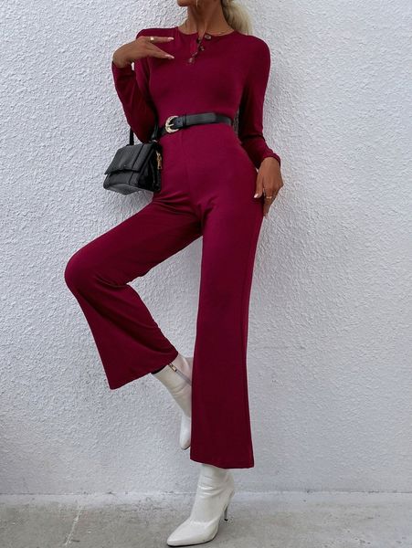 

solid button front flared leg jumpsuit without belt f4z5#, White