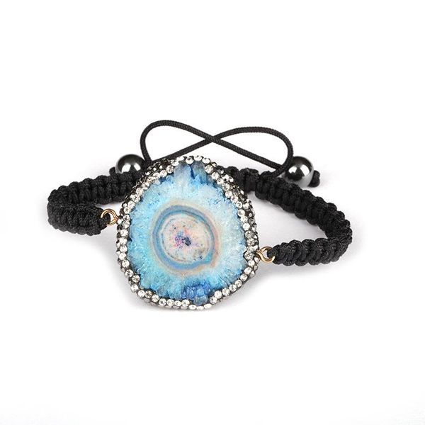 

charm bracelets sky blue druzy crystal stone slice bead pave rhinestone beads hematite end black rope macrame bracelet unisex, Golden;silver