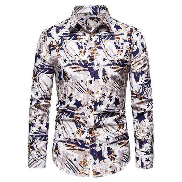 

50kg-100kg spring autumn mens fashion graffiti printed turn down collar regular fit button down long sleeve shirts 210528, White;black