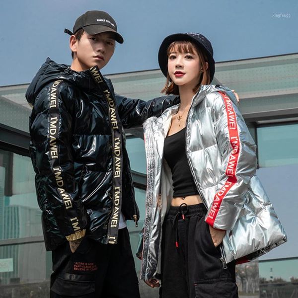 

women's down & parkas qingwen couple white duck jacket letter silver shiny hooded thick loose coat men clothes women casaco feminino, Black